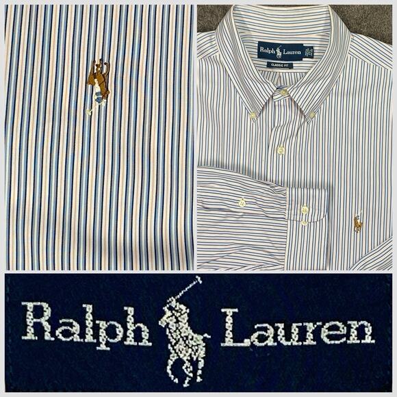 Ralph Lauren Shirt Men 17.5 Classic Fit Cotton 100%Button Down Pink Blue Striped - Picture 1 of 11